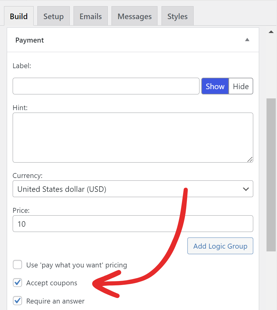 Accept coupons in a form screenshot 2